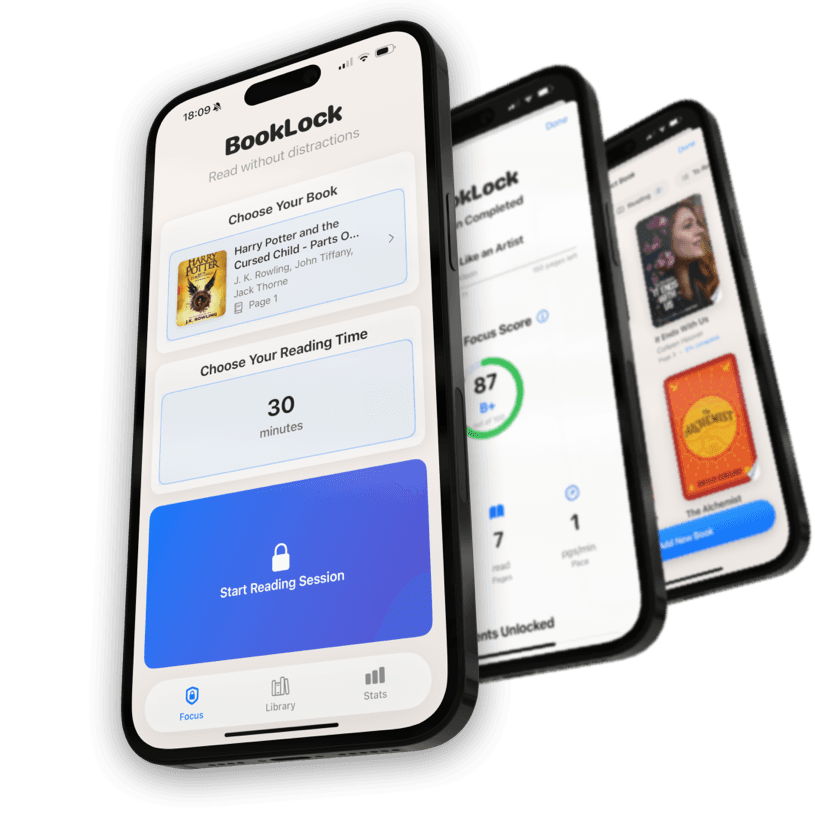 BookLock App Interface showing a focused reading session